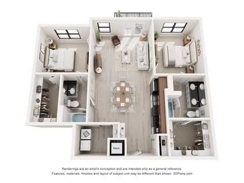 Floor plan for 2 beds, 2 baths, 1234 sqft